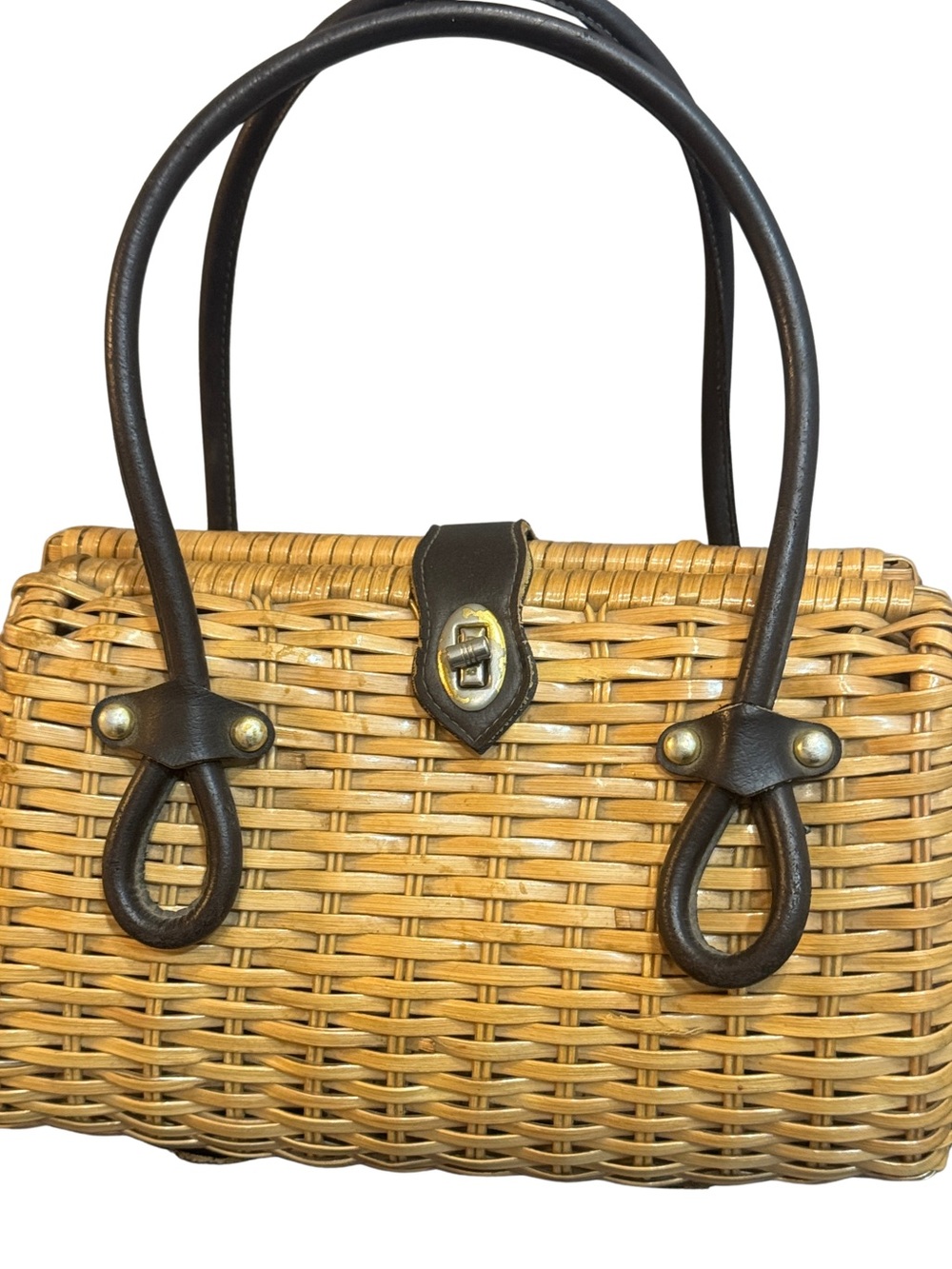 Vintage 1950s/60s Woven Rattan Tote Handbag with Black Leather Handles